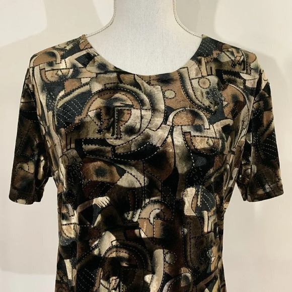 Modern Essentials 90s Vintage Brown and Gold Velvet Short Sleeve Mod Geometric - Picture 5 of 7